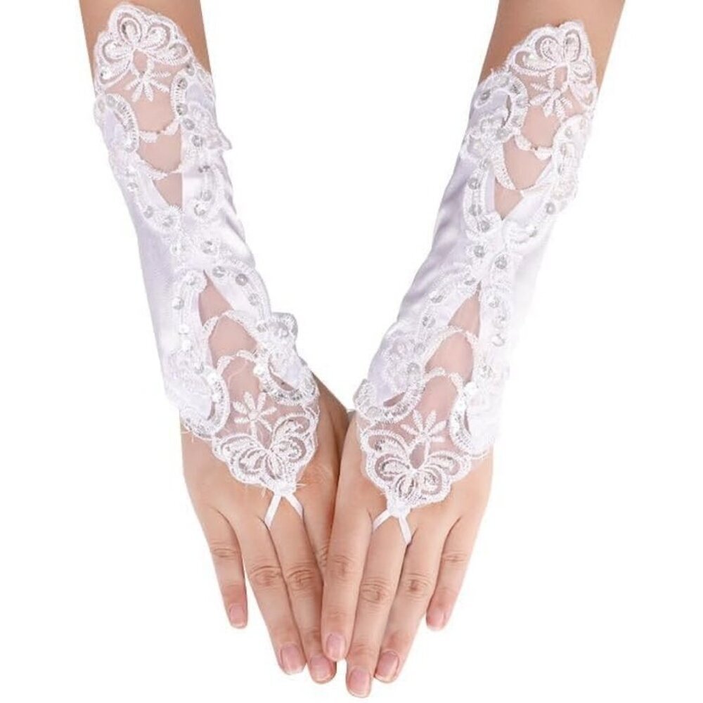 Women's A-White Sequins Beads Fingerless Satin Gloves Party Prom Accessories